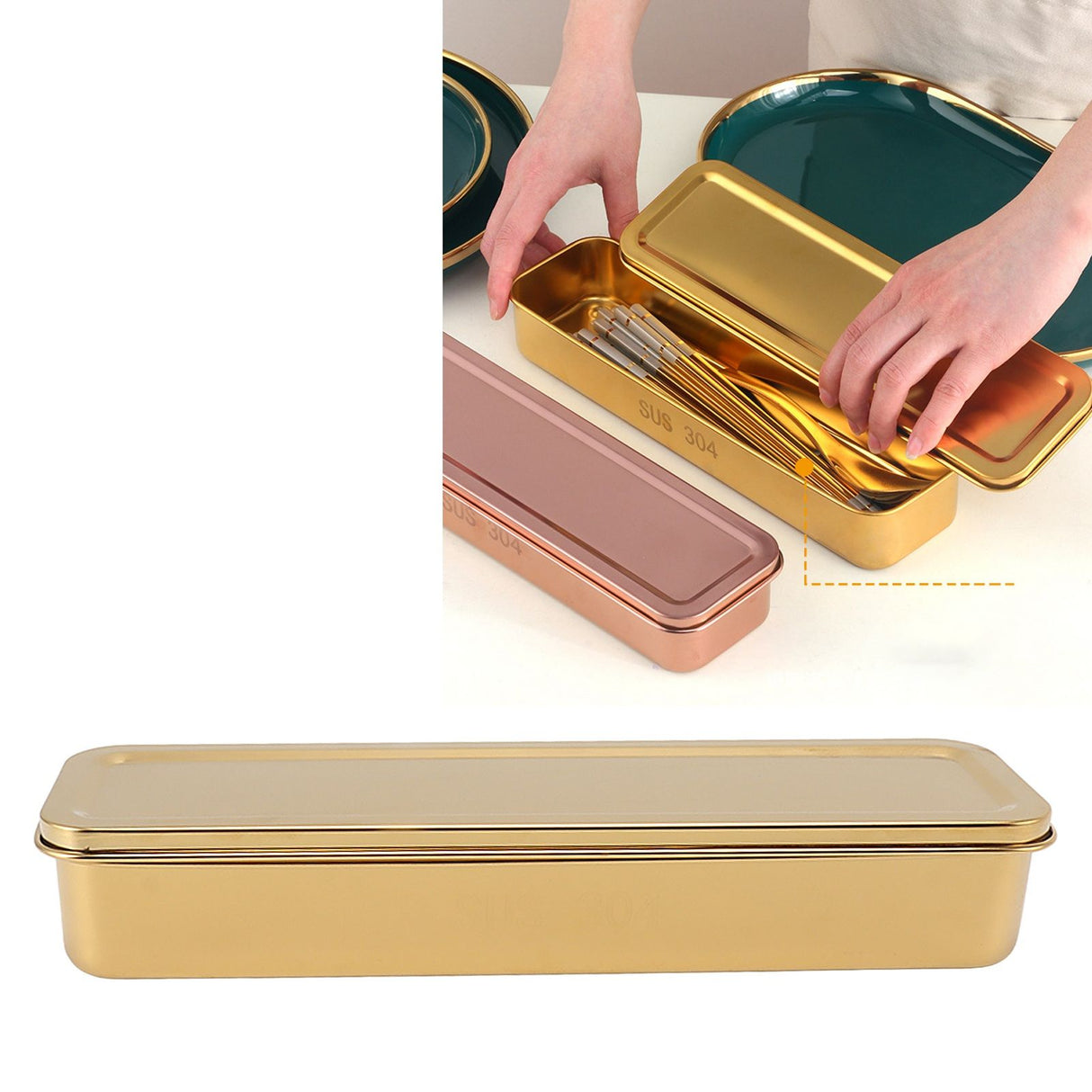 Stainless Steel Cutlery Tray Holder Kitchen Chopstick Spoon Fork Storage Box with Lid Drainer Gold