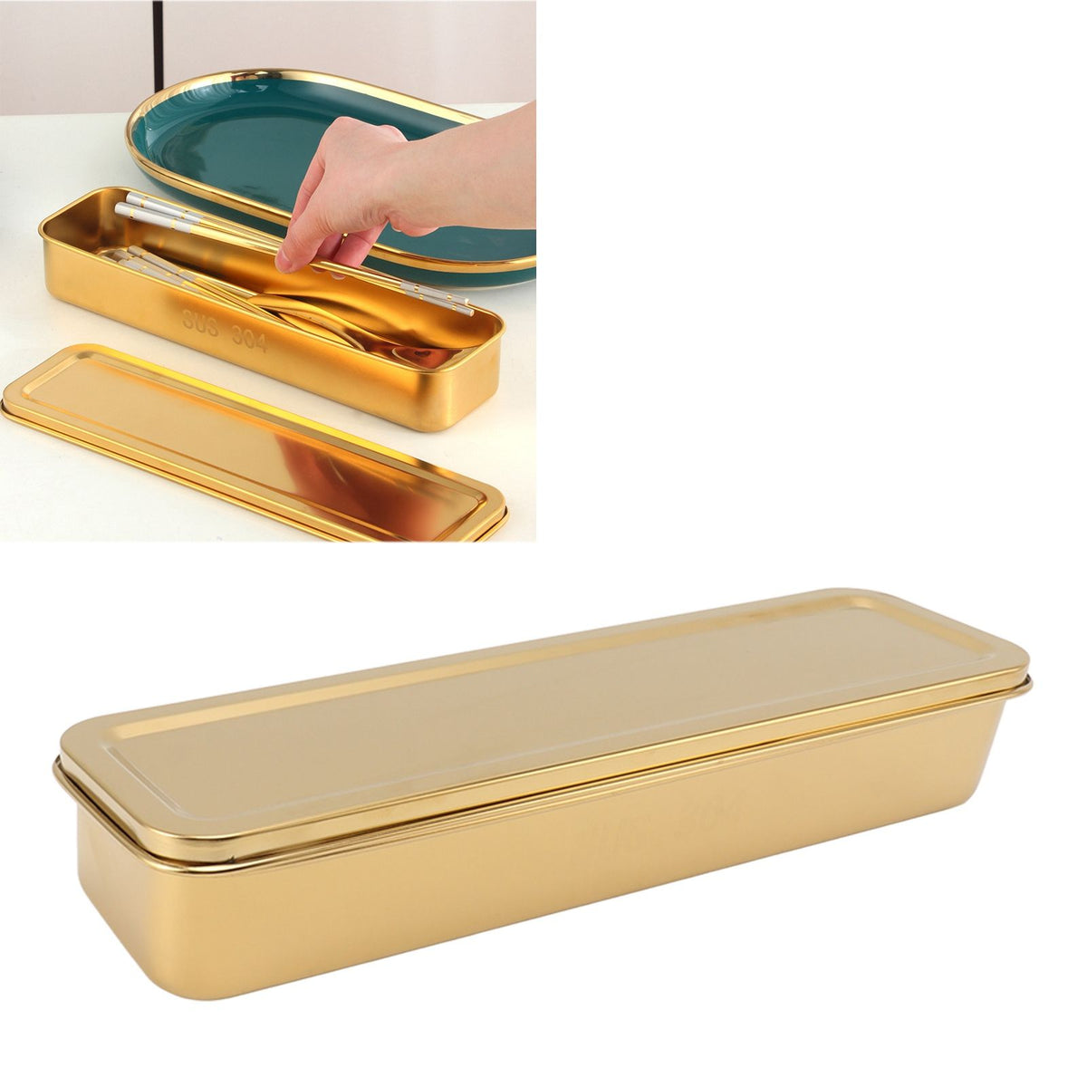 Stainless Steel Cutlery Tray Holder Kitchen Chopstick Spoon Fork Storage Box with Lid Drainer Gold