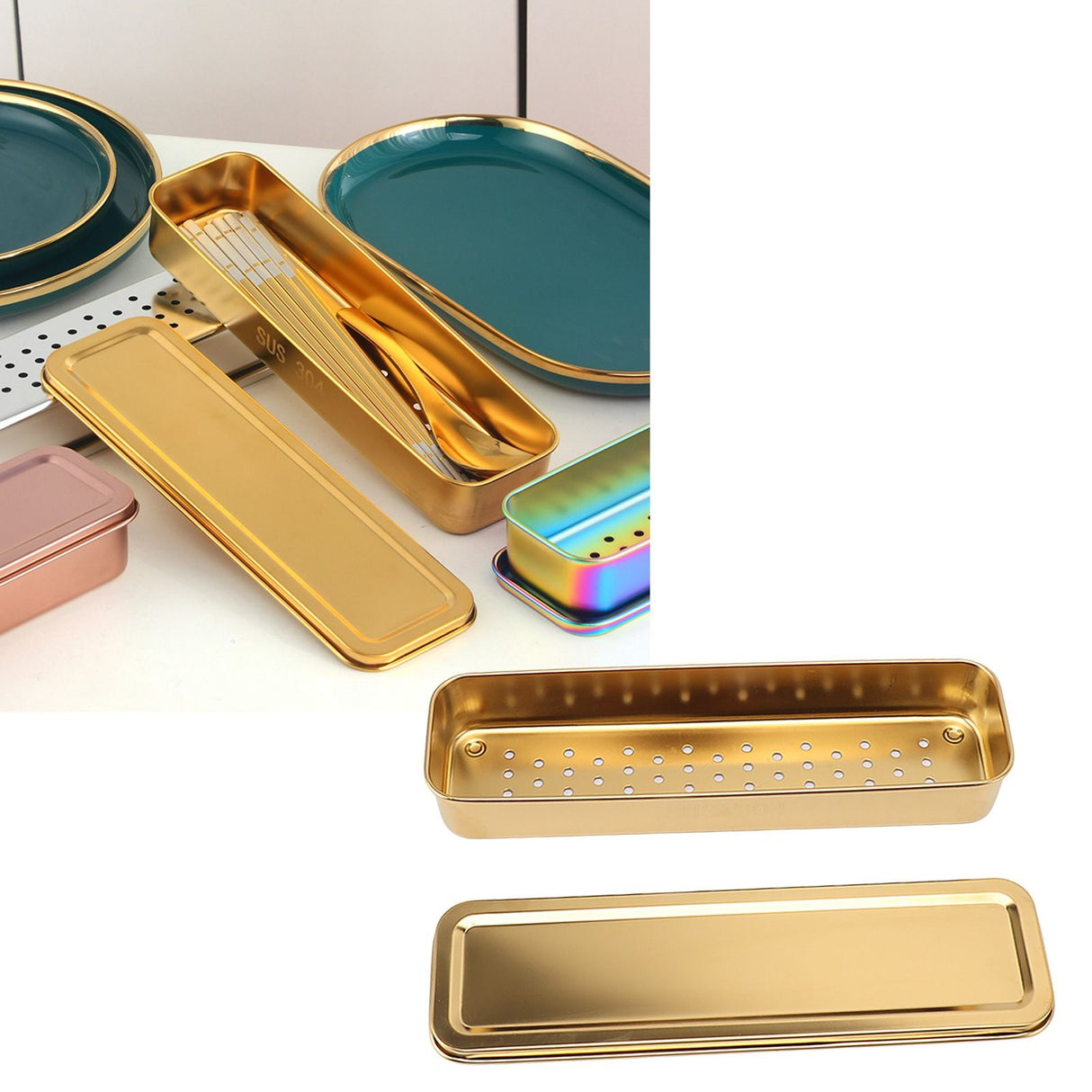 Stainless Steel Cutlery Tray Holder Kitchen Chopstick Spoon Fork Storage Box with Lid Drainer Gold