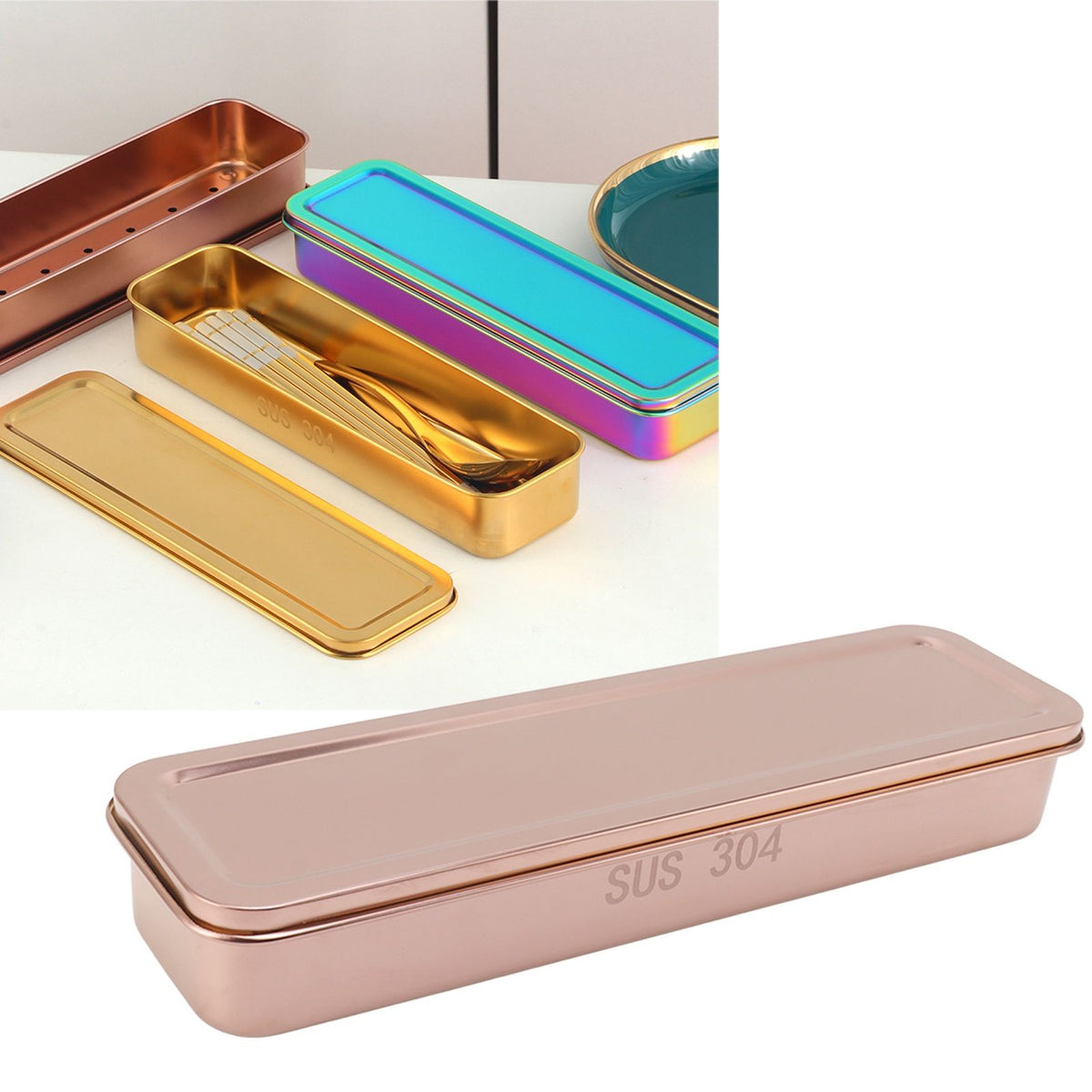 Stainless Steel Cutlery Tray Holder Kitchen Chopstick Spoon Fork Storage Box with Lid Drainer Rose Gold