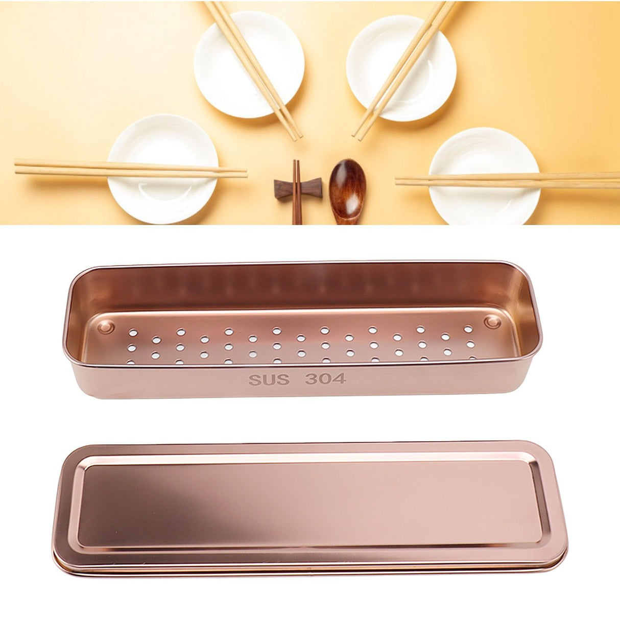 Stainless Steel Cutlery Tray Holder Kitchen Chopstick Spoon Fork Storage Box with Lid Drainer Rose Gold