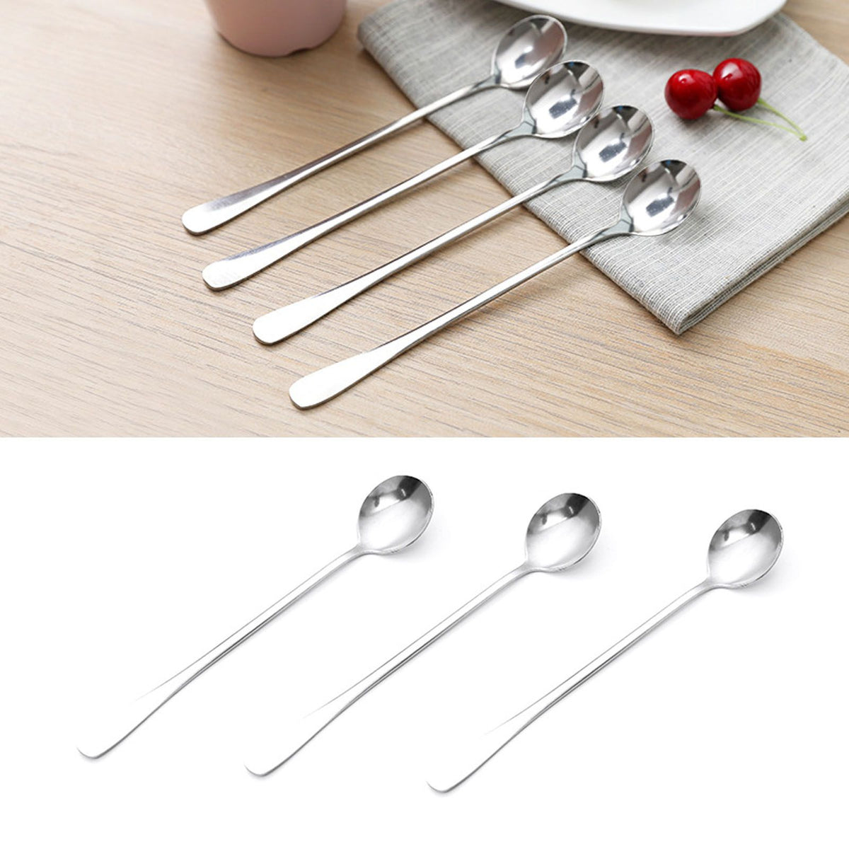 Long Handle Spoons Stainless Steel Elegant Multi Functional Stirring Spoons for Coffee Tea Dessert 3pcs Round Head