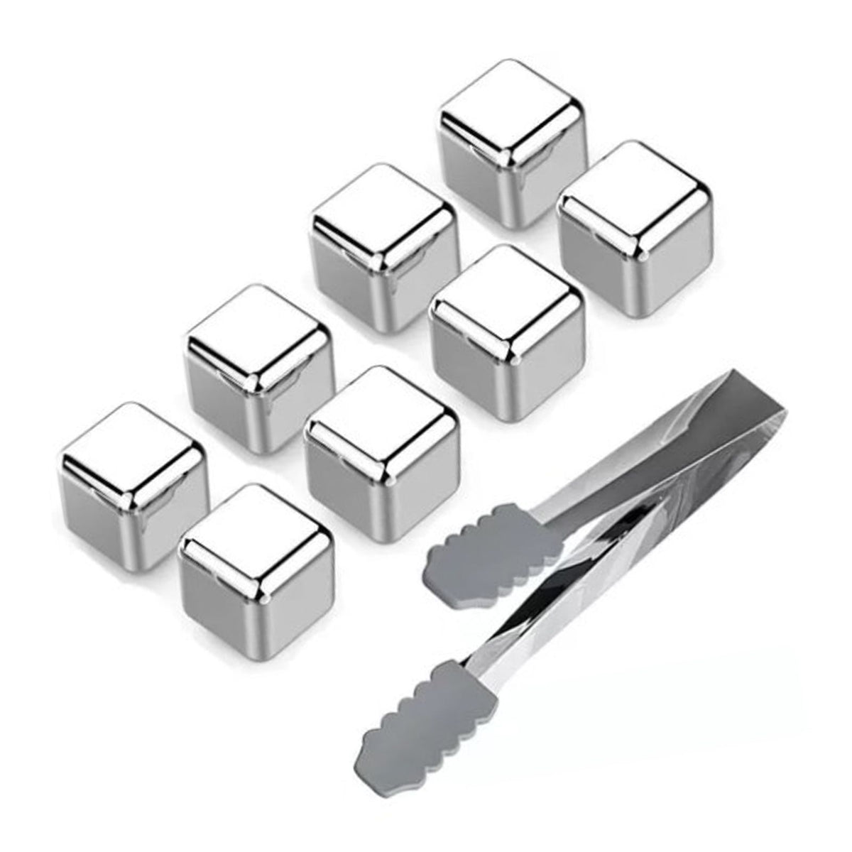 8PCS Metal Ice Cubes 304 Stainless Steel with Ice Tongs Widely Used Whiskey Stones for Chilling Whiskey Beverage
