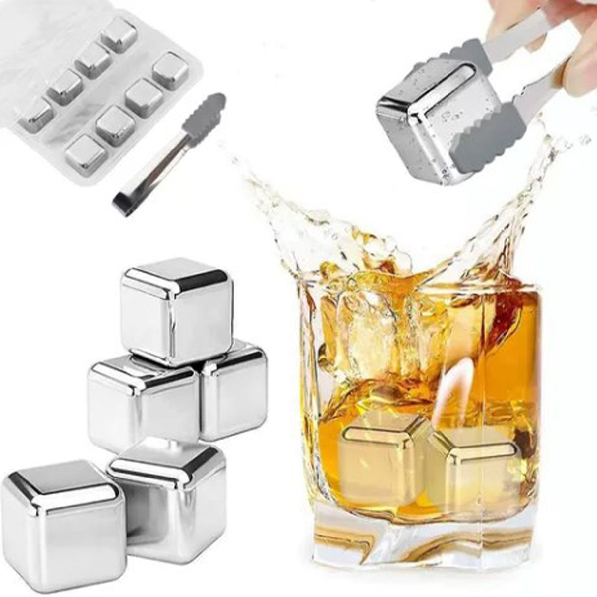8PCS Metal Ice Cubes 304 Stainless Steel with Ice Tongs Widely Used Whiskey Stones for Chilling Whiskey Beverage