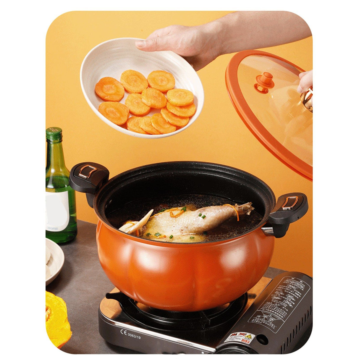 Micro Pressure Cooker Pumpkin Non Stick Multifunctional Soup Pot Gas Stove Universal Kitchen Tool with Glass Lid Brown 28cm