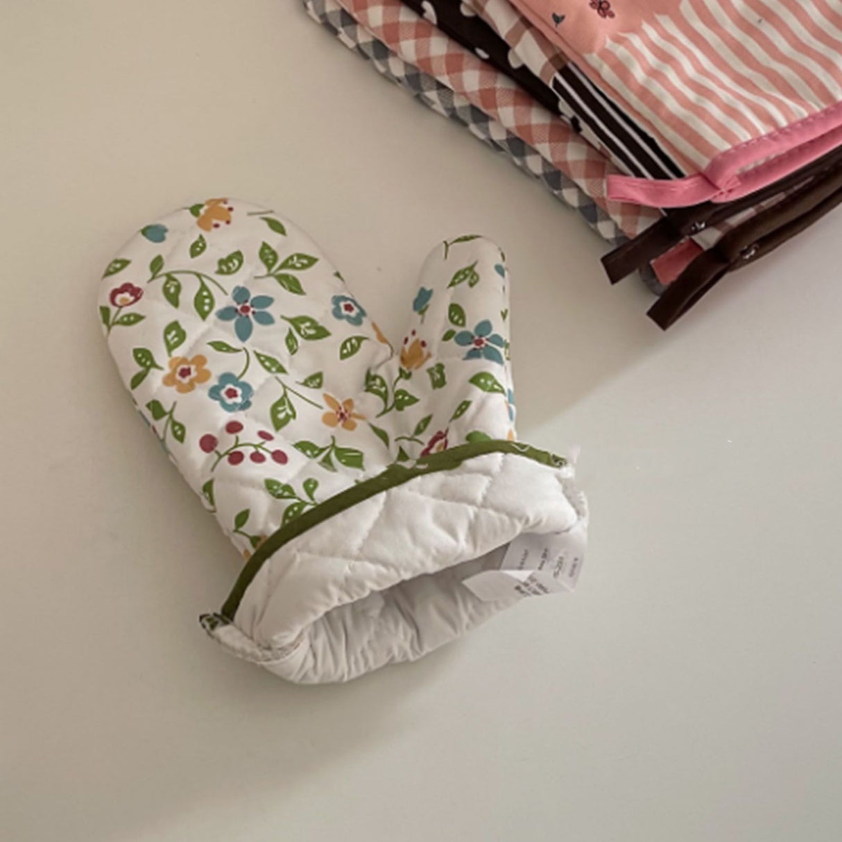 1 Pair Oven Gloves Non Slip Flower Grass Pattern Heat Resistant Microwave Mitts for Cooking Kitchen