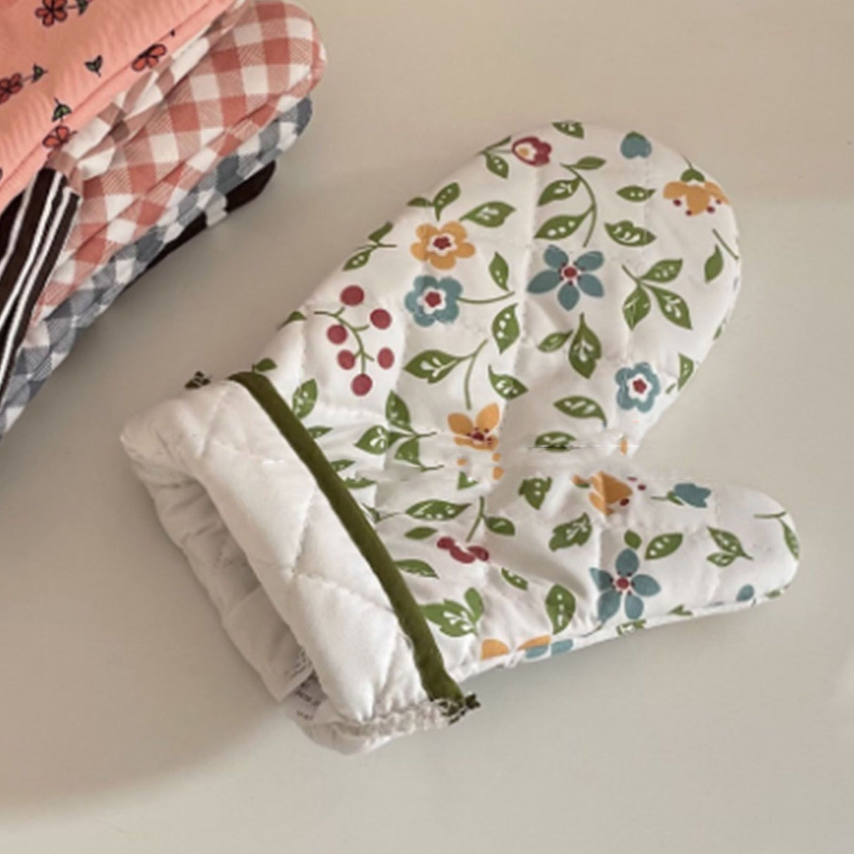 1 Pair Oven Gloves Non Slip Flower Grass Pattern Heat Resistant Microwave Mitts for Cooking Kitchen