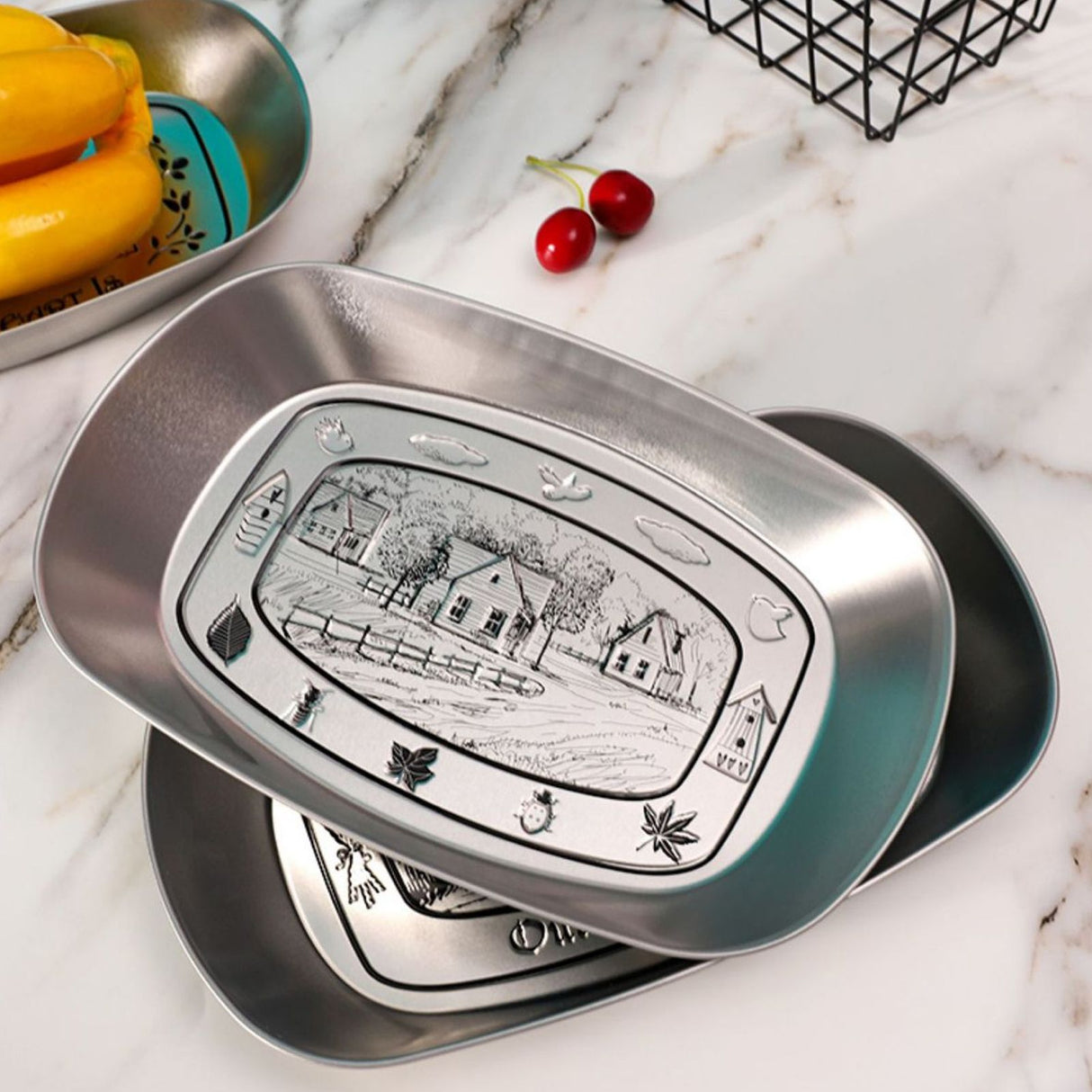 Camping Tinplate Outdoor Dinner Plate Multifunctional Kitchenware European Cutlery Portable Picnic Bowl Cottage Pattern