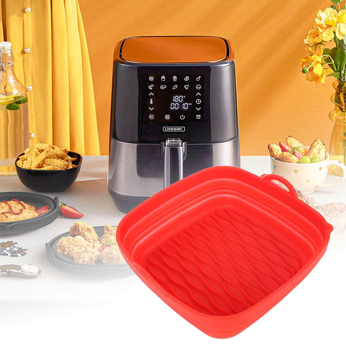 Reusable Fryer Liners Wave Grain Square Fryer Silicone Basket for Home Baking Camping Barbecuing Red