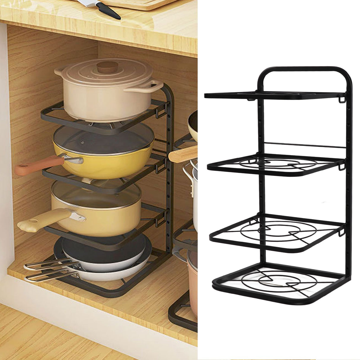 Kitchen Pots Organizer 4 Tiers Adjustable Height Space Saving Pan Rack for Under Sink Cabinet Countertop