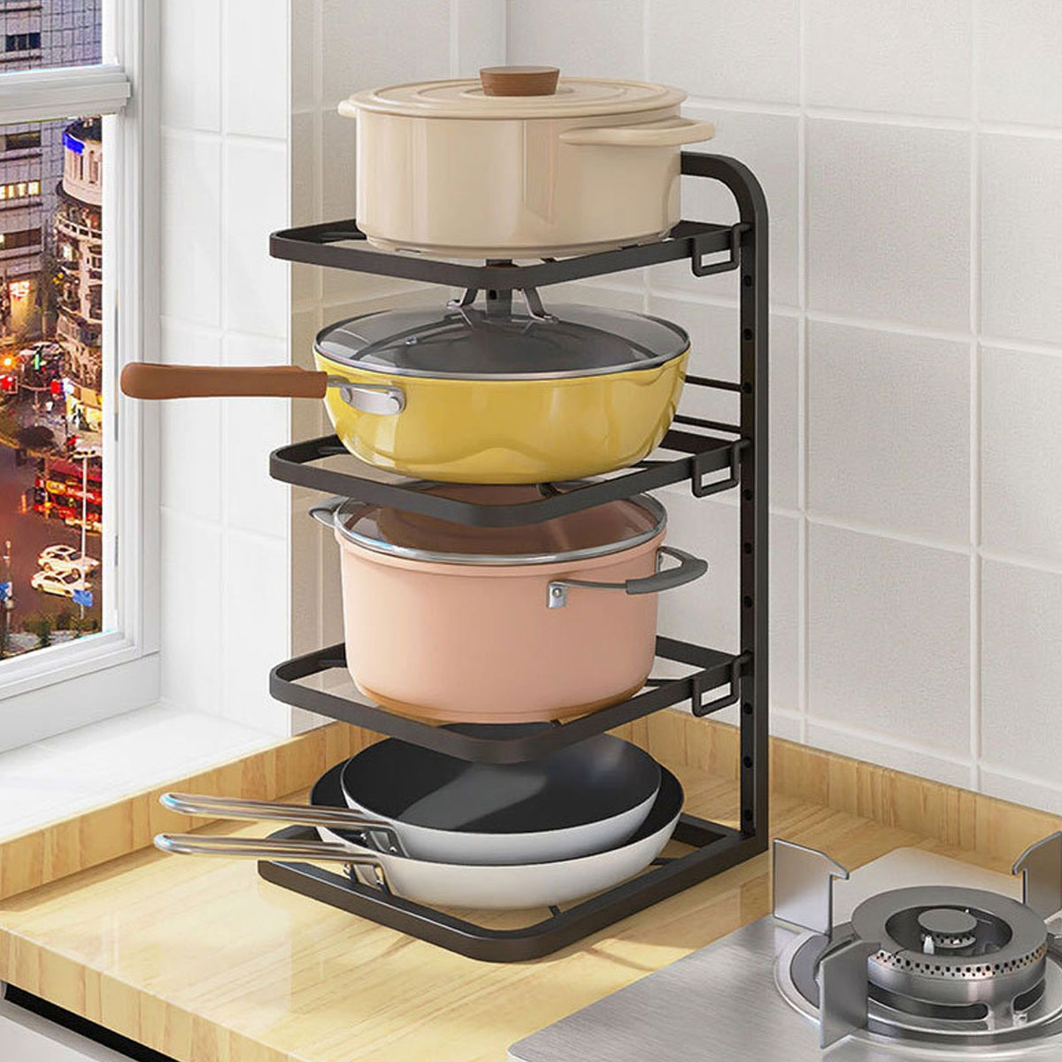Kitchen Pots Organizer 4 Tiers Adjustable Height Space Saving Pan Rack for Under Sink Cabinet Countertop