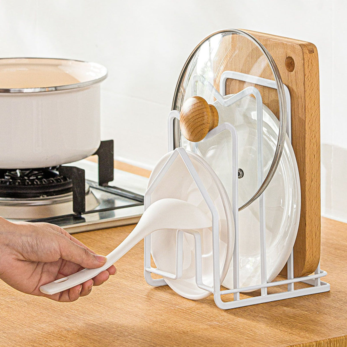 Chopping Board Storage Rack Multifunctional Pot Pan Lid Stand Holder Iron Good Ventilation Kitchen Countertop Organizer White Standard
