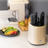 Knife Block Utensil Holder Retro Space Saving Large Capacity 2 In 1 Countertop Utensil Organizer for Kitchen Beige