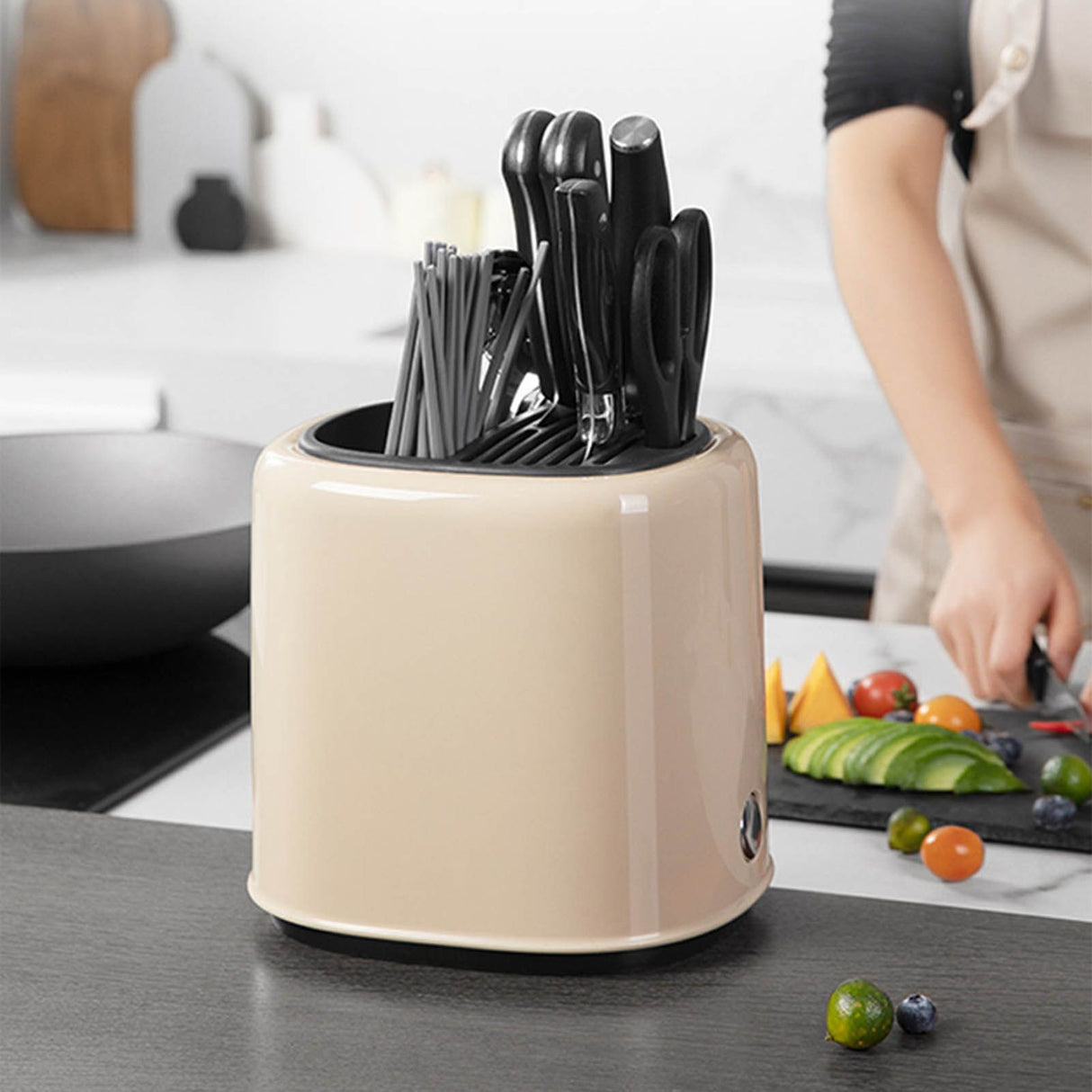 Knife Block Utensil Holder Retro Space Saving Large Capacity 2 In 1 Countertop Utensil Organizer for Kitchen Beige