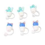 6Pcs Straw Cover Cap Cute Cartoon Reusable Silicone Toppers Drinking Tips Lids Plugs Type A - Top-Down View