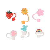 6Pcs Straw Cover Cap Cute Cartoon Reusable Silicone Toppers Drinking Tips Lids Plugs Type B - Top-Down View