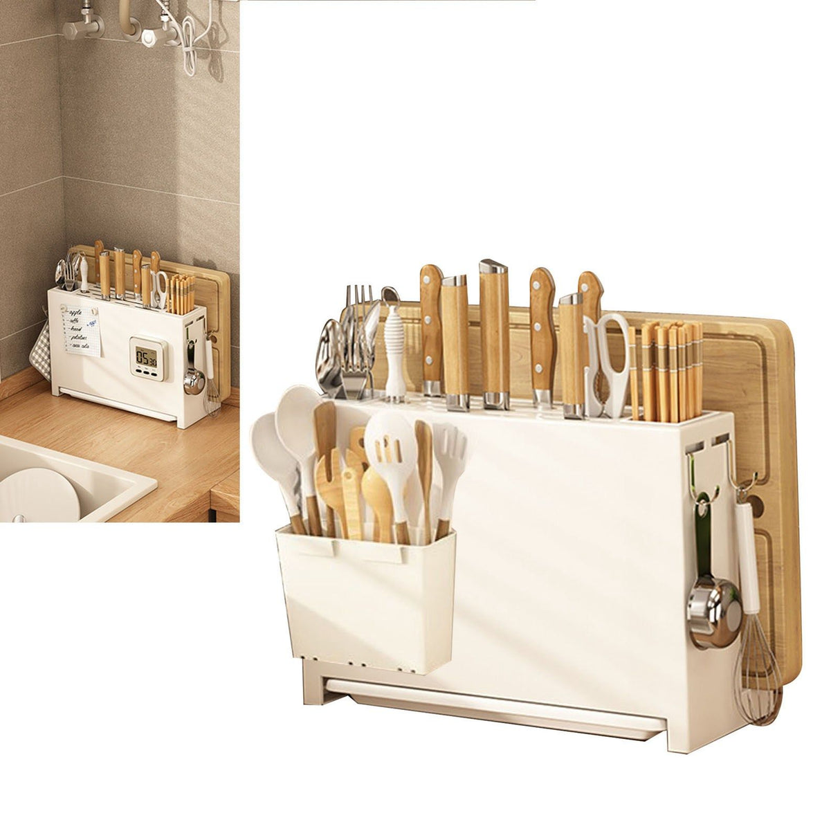 White Kitchen Chopsticks Knife Stand Cutting Board Integrated Magnet Draining Holder for Home
