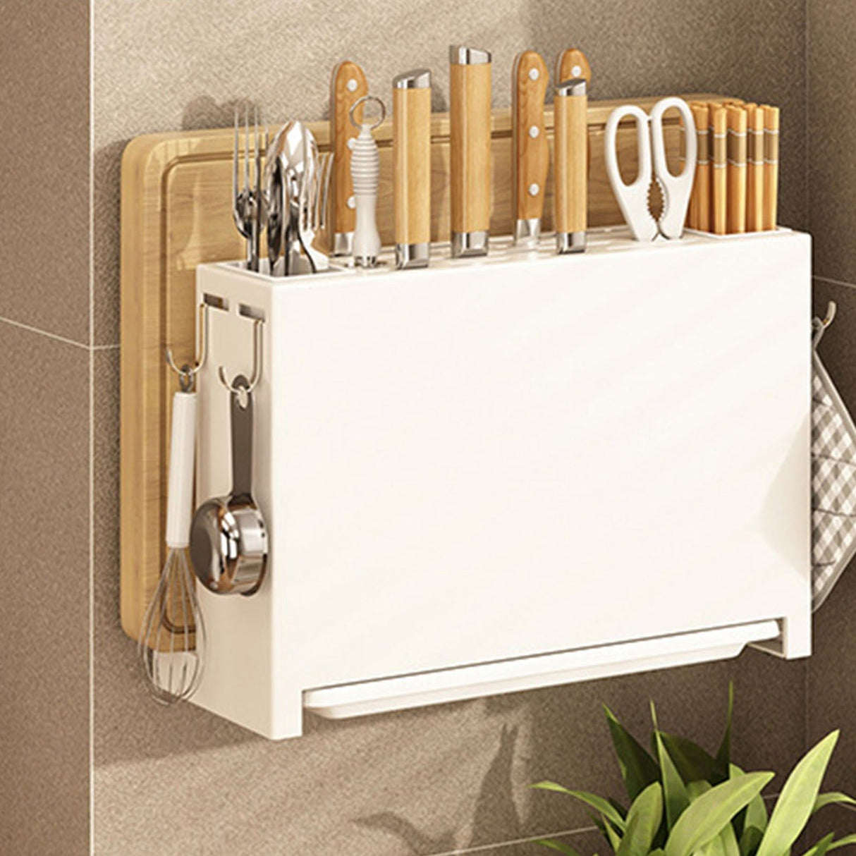 White Kitchen Chopsticks Knife Stand Cutting Board Integrated Magnet Draining Holder for Home