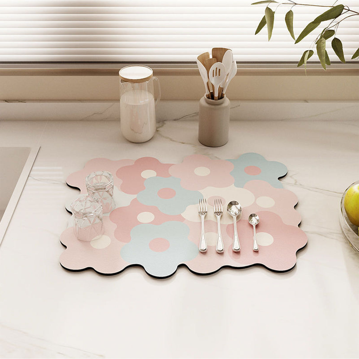 Kitchen Counter Dish Drying Mat Refreshing Cute Elegant Heat Resistant Absorbent Dishes Drain Mat Pink and Blue 11.8 X 15.7in