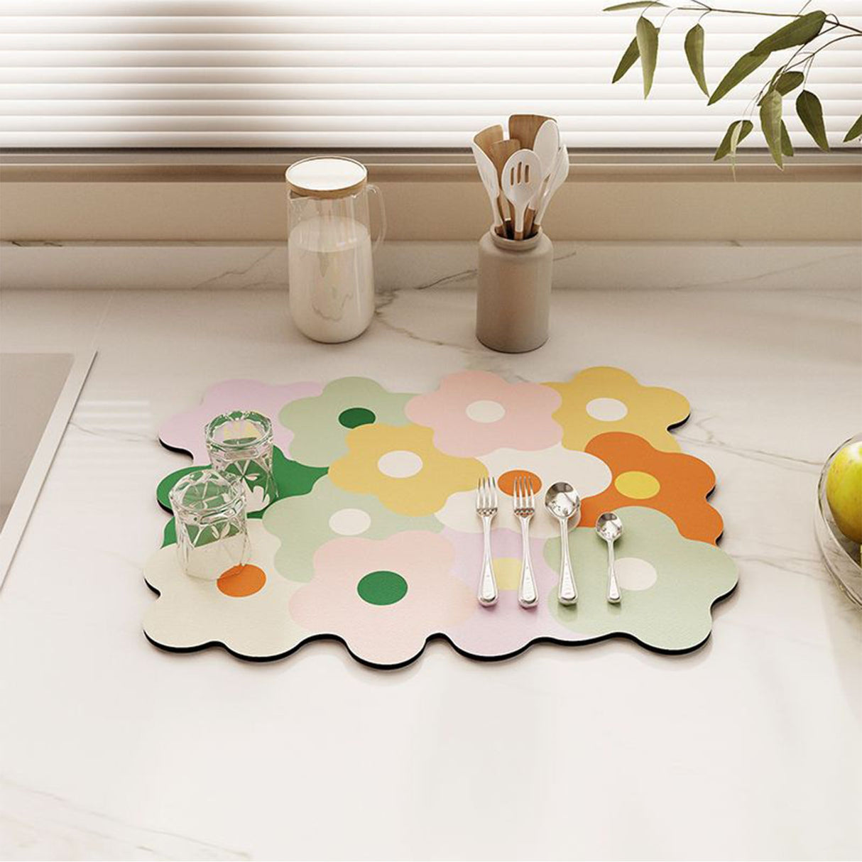 Kitchen Counter Dish Drying Mat Refreshing Cute Elegant Heat Resistant Absorbent Dishes Drain Mat Yellow and Green 11.8 X 15.7in