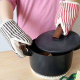 Microwave Oven Gloves Heat Resistant Stripe Pattern Thick Cotton Oven Mitts with Lanyard Red - Rear View