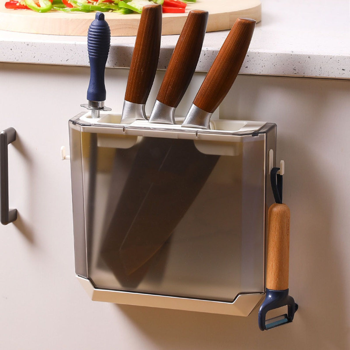 Wall Mounted Knife Holder Ultrathin Plastic Installation Box Storage Rack for Kitchen Gray