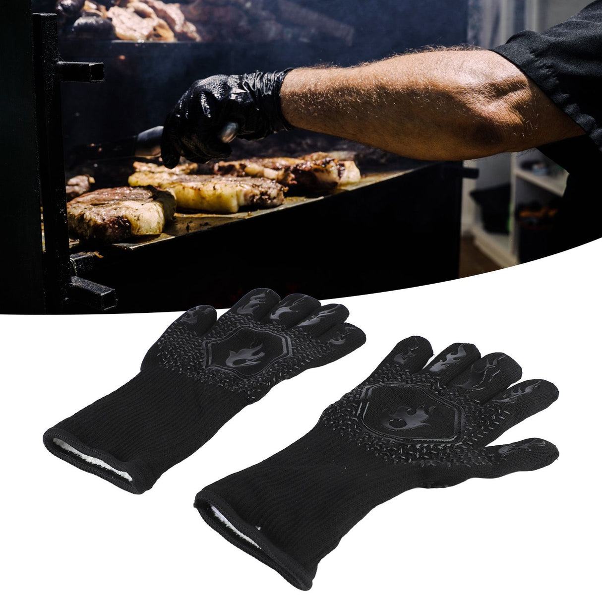 BBQ Gloves Heat Resistant Grilling Gloves Non Slip Oven Gloves Long Kitchen Gloves for Barbecue Baking Black Average Size 26‑35CM