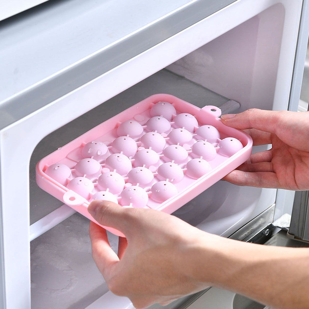 25 Grid Ice Cube Tray Easy Release Silicone Ice Ball Maker Mold Mini Round Ice Sphere Tray with Lid Pink