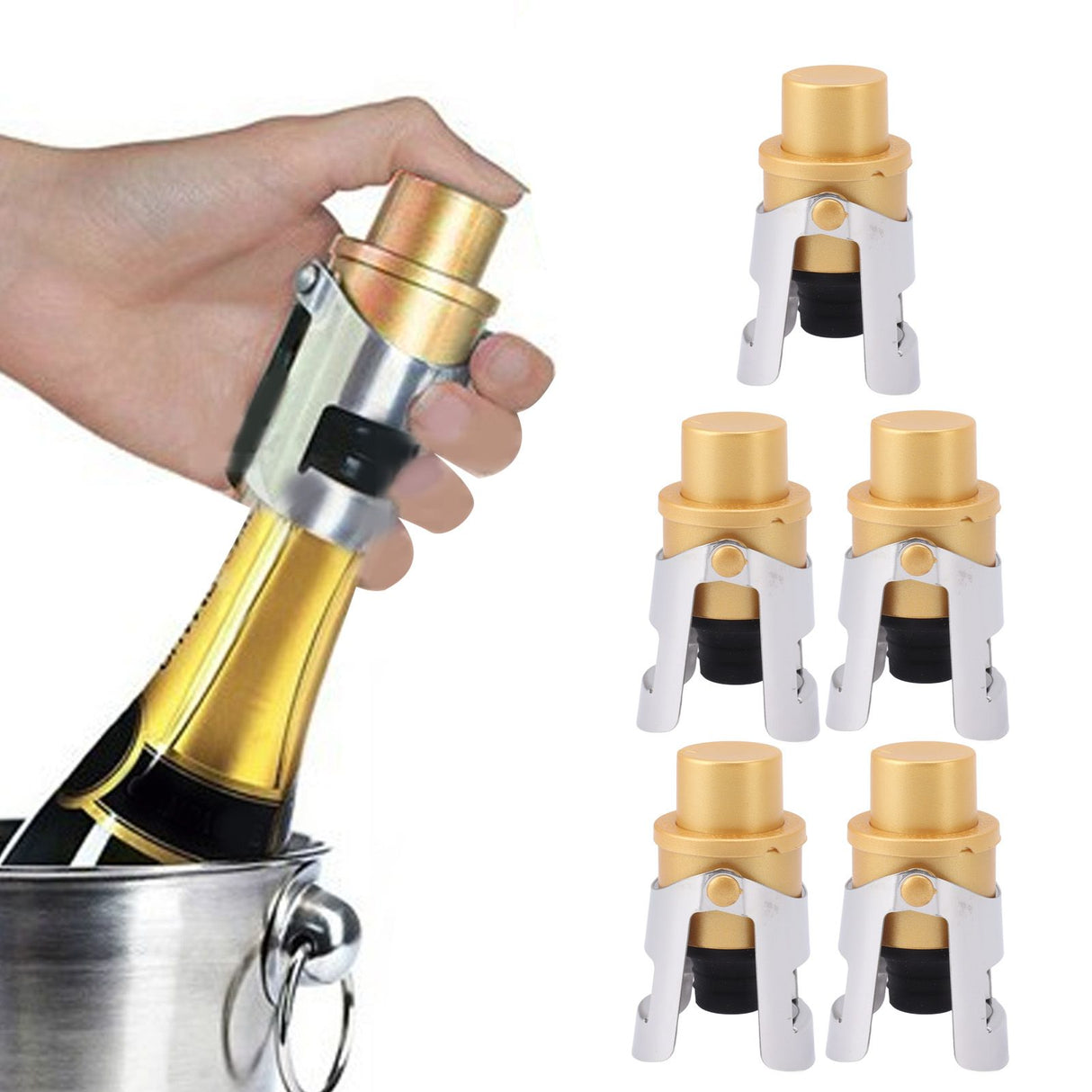 5 Packs Golden Champagne Stopper Stainless Steel Resuable Bottle Sealer Champagne Saver Plug