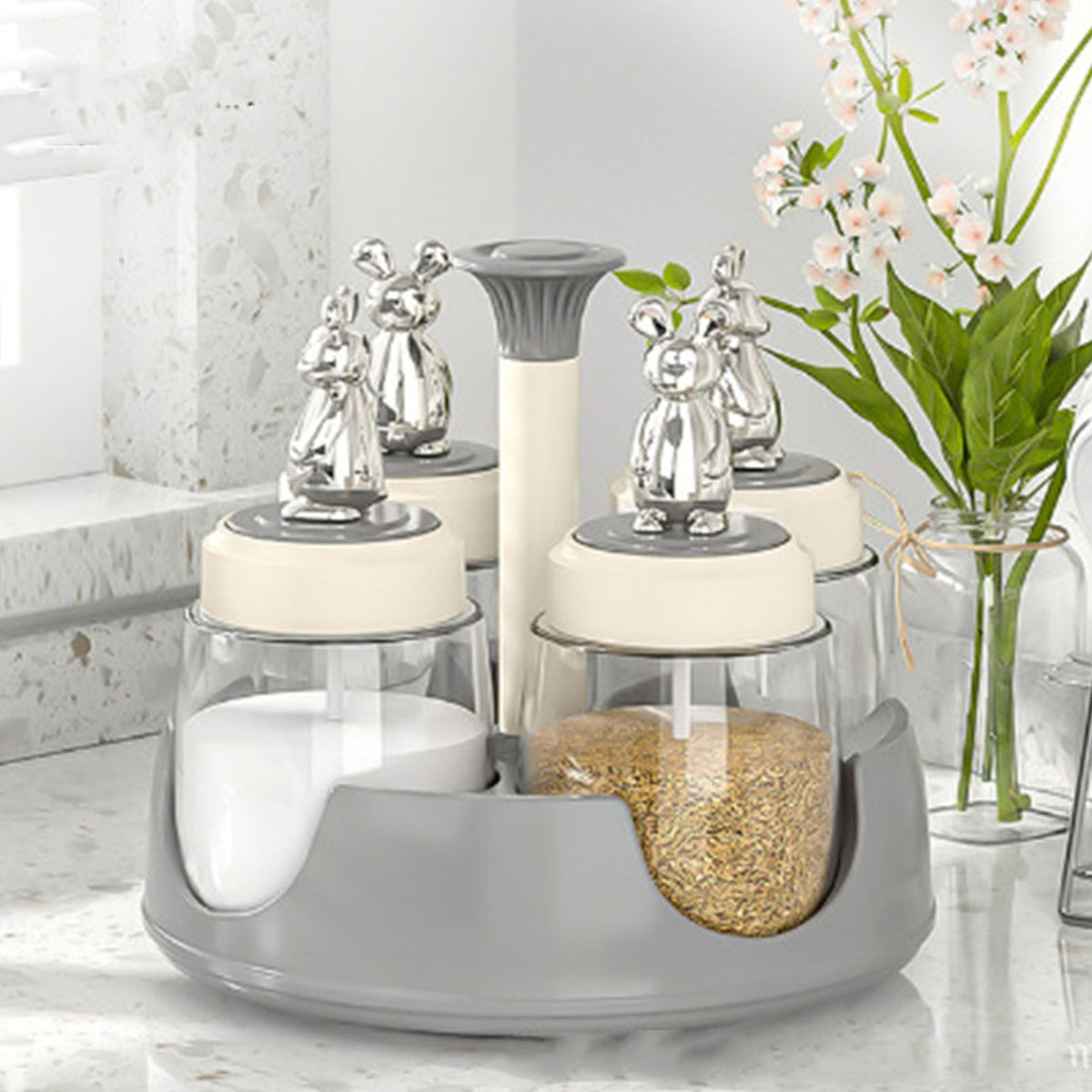 Rotating Spice Rack Salt Shaker with Lid Glass Flavoring Bottle for Kitchen Restaurant Home Gray