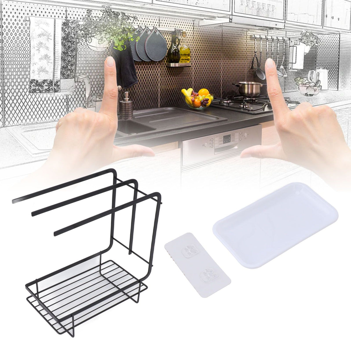 Sponge Holder with Drain Pan Quick Drying Hollow Bottom Rustproof Dishcloth Drying Rack for Kitchen Bathroom Sink Black