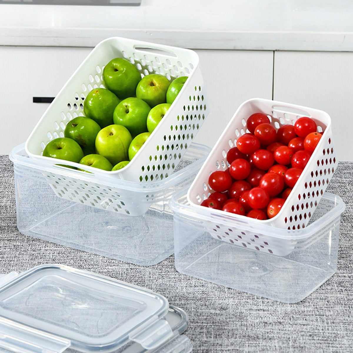 3pcs Drain Storage Basket Box Transparent Leakproof Food Storage Containers with Removable Colander for Fridge