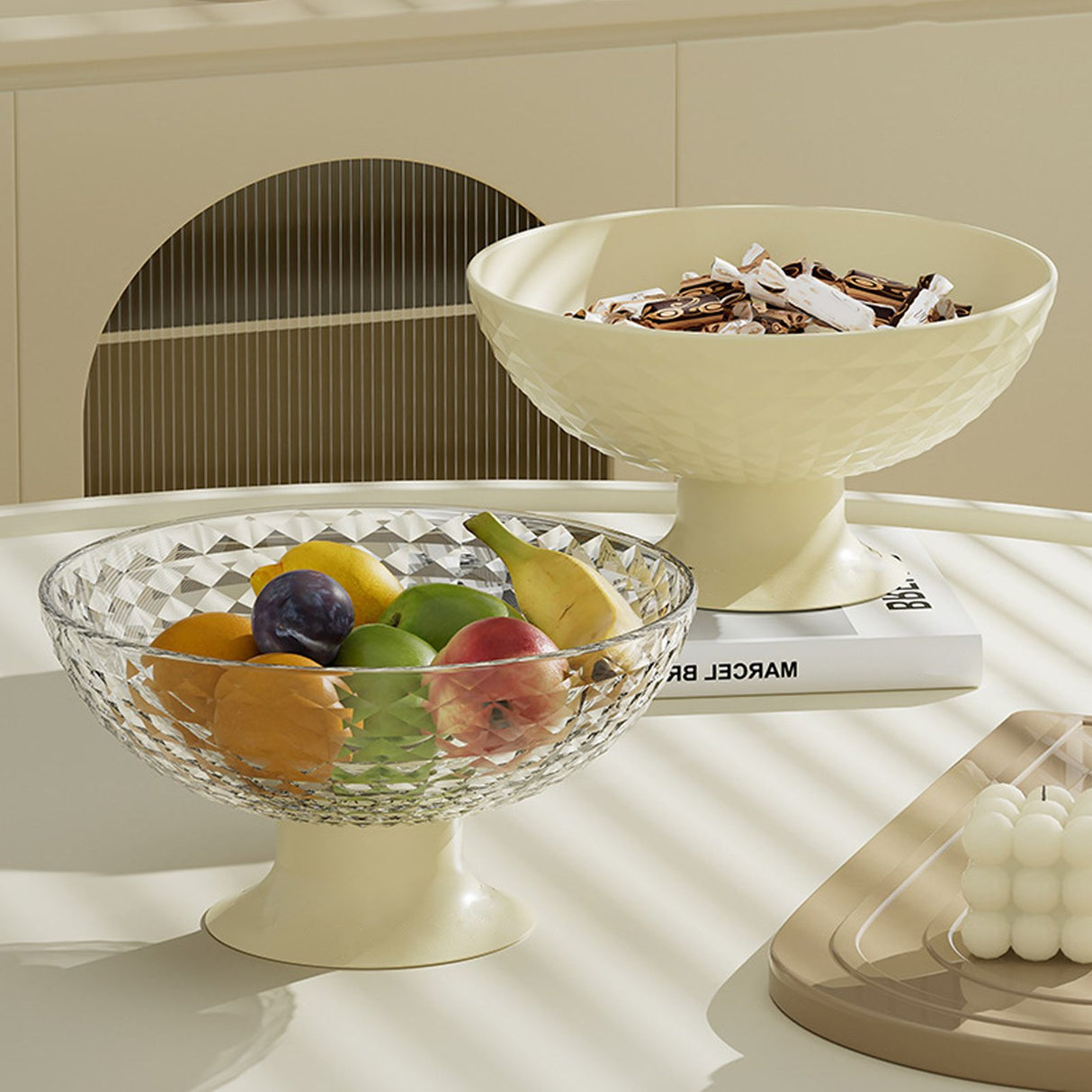 Fruit Tray Plate Holder Plastic Footed Snacks Vegetables Fruits Basket Bowl for Kitchen Counter Dining Room Tables Cream White