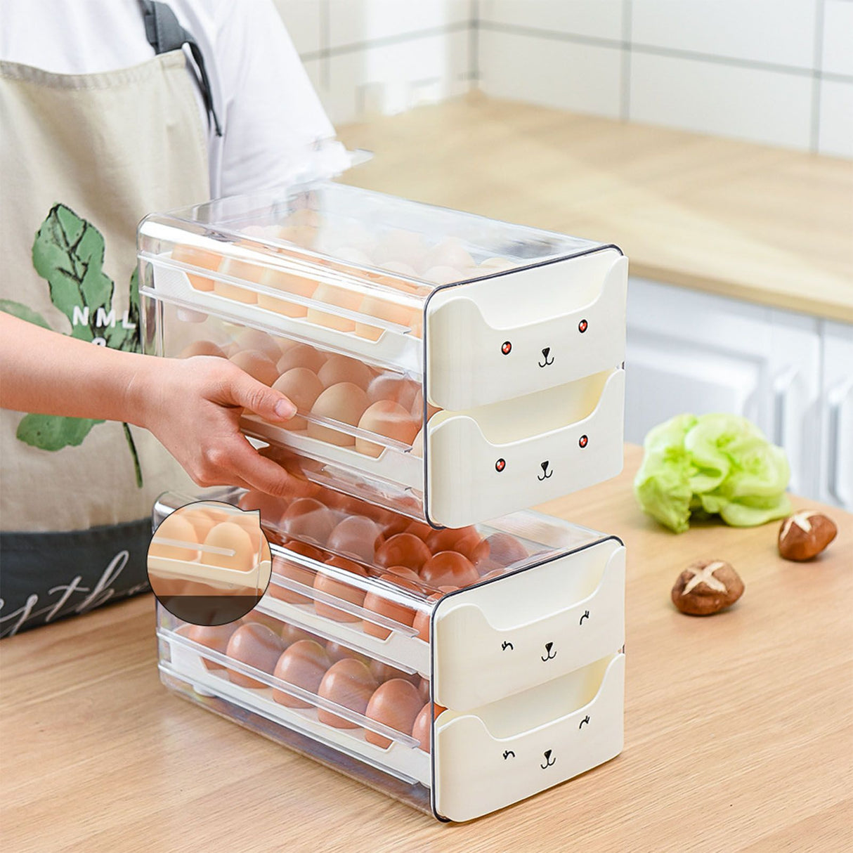 Double Layer Egg Drawer Transparent Lengthen Independent Slot Egg Holder Egg Storage Container for Refrigerator White