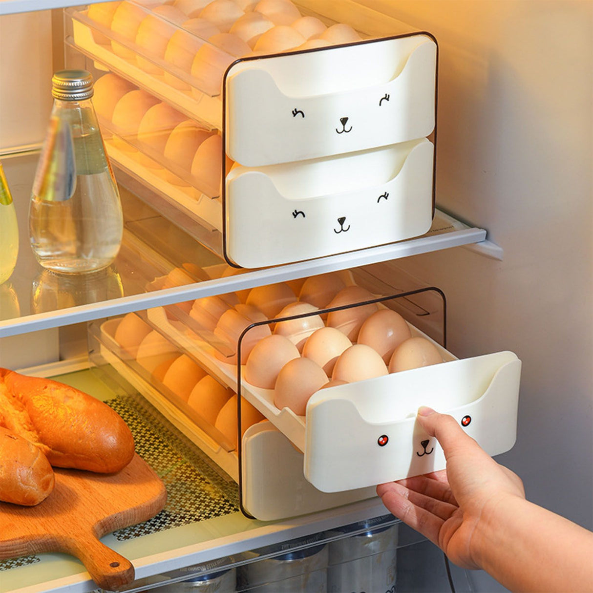 Double Layer Egg Drawer Transparent Lengthen Independent Slot Egg Holder Egg Storage Container for Refrigerator White