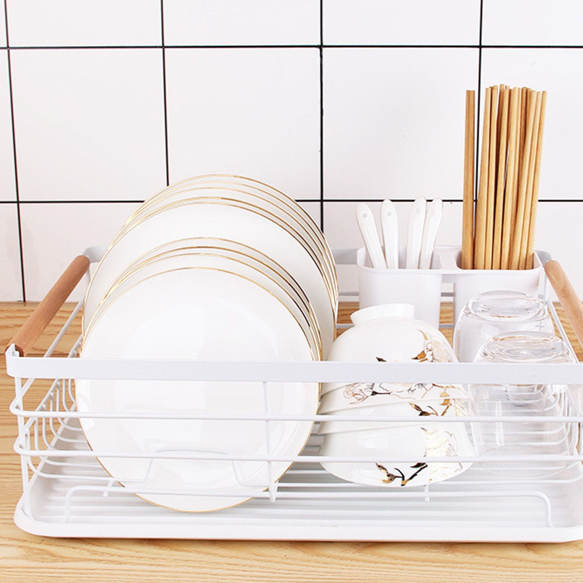 Dish Drainer Kitchen Monolayer Waterproof Cutlery Shelf Tabletop Utensil Storage Shelf White