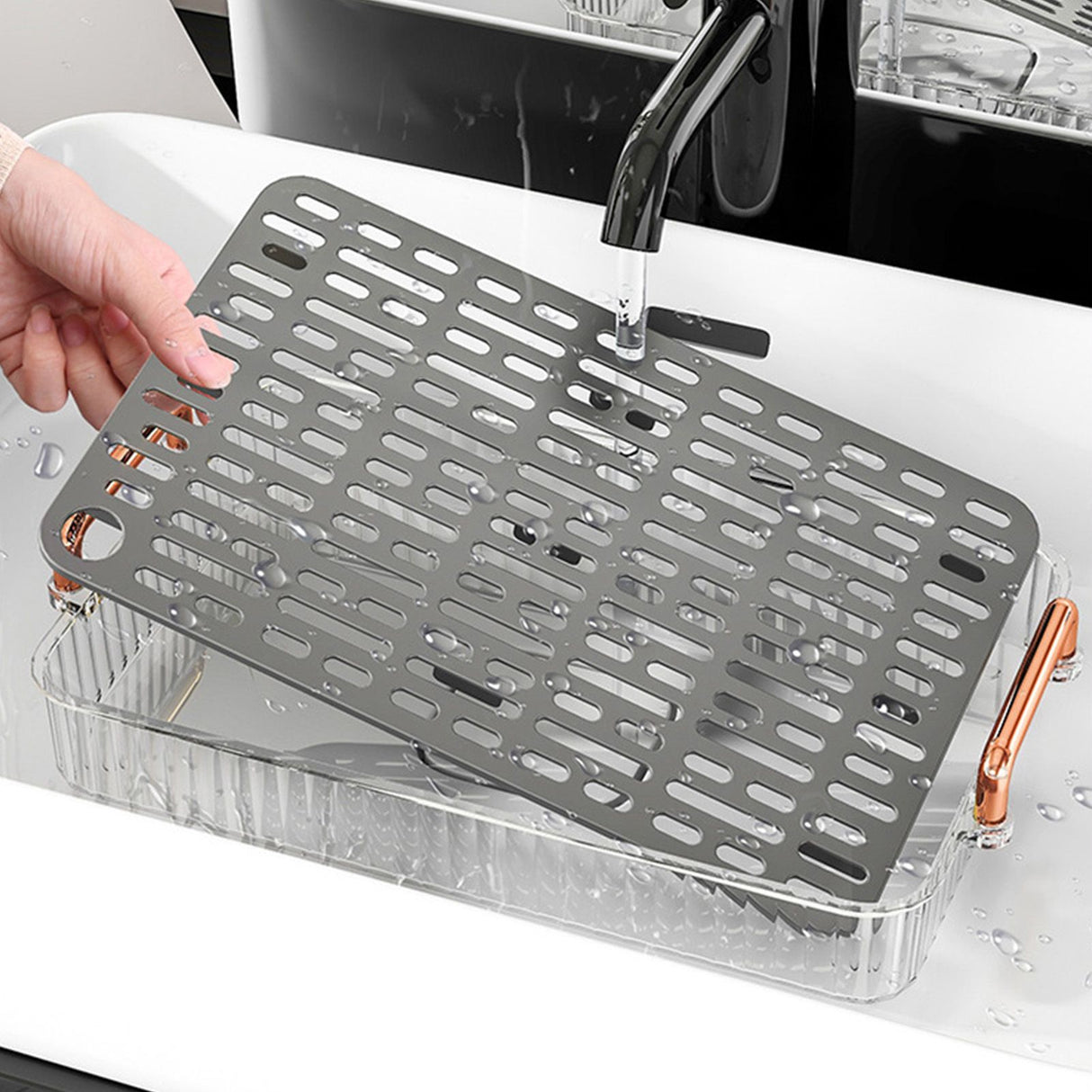 Water Drainage Tea Tray Double Layer Large Capacity Rectangular Cup Drain Board with Handle for Living Room S White