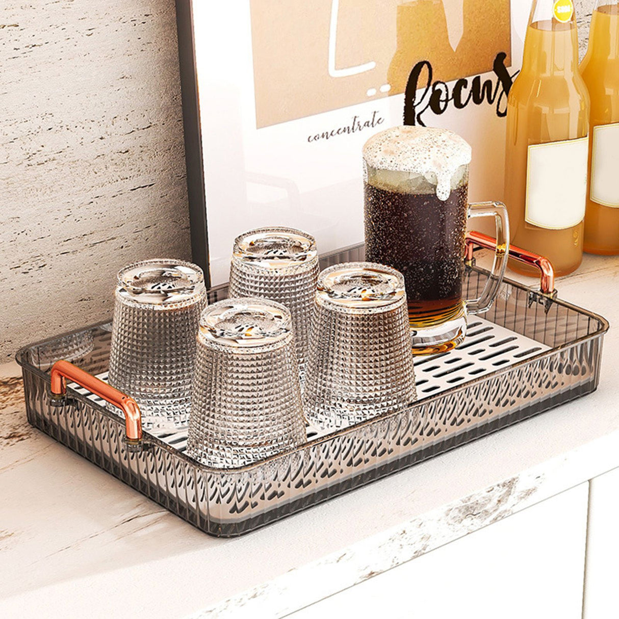 Water Drainage Tea Tray Double Layer Large Capacity Rectangular Cup Drain Board with Handle for Living Room S Gray