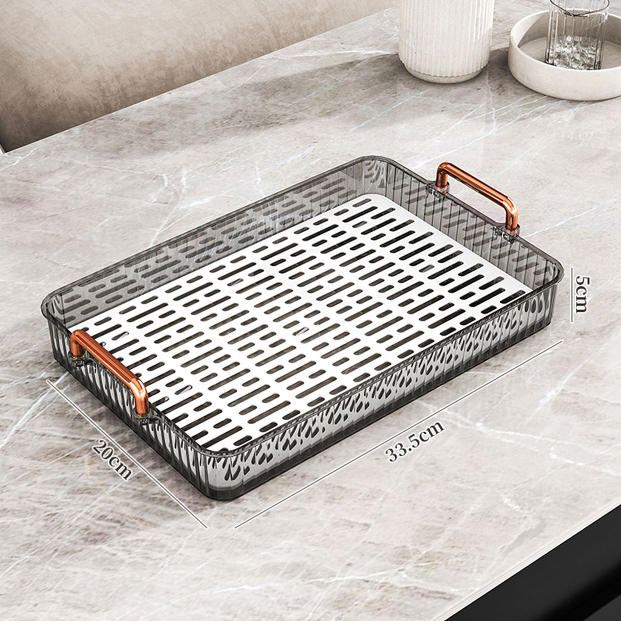 Water Drainage Tea Tray Double Layer Large Capacity Rectangular Cup Drain Board with Handle for Living Room S Gray