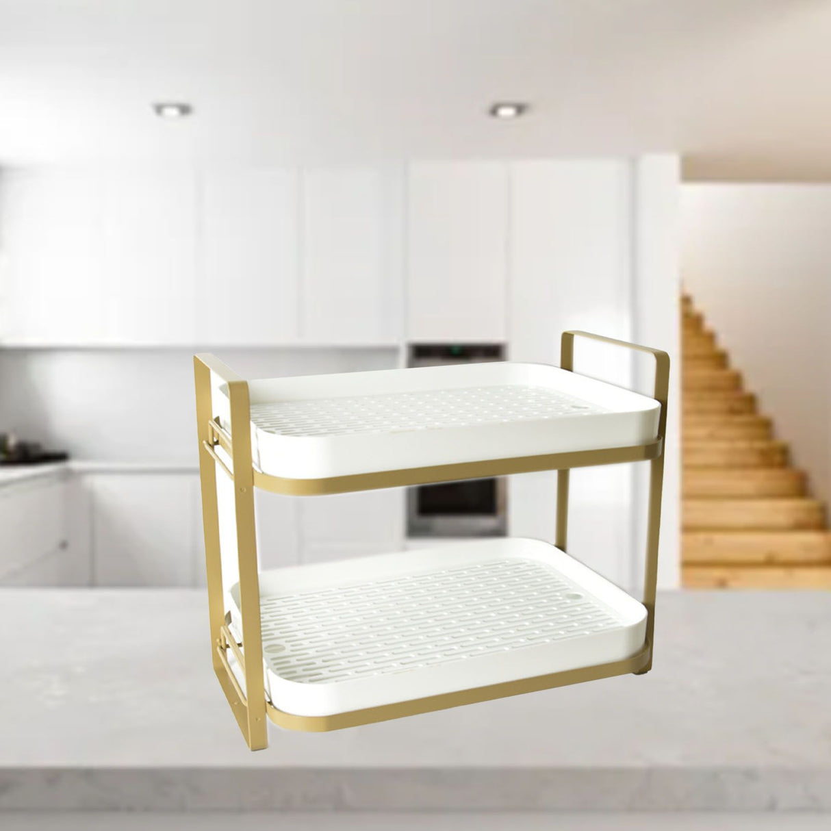 Double Layer Coffee Mug Holder Large Capacity Tea Set Storage Rack Kitchen Tray Drain Box Mug Stand White