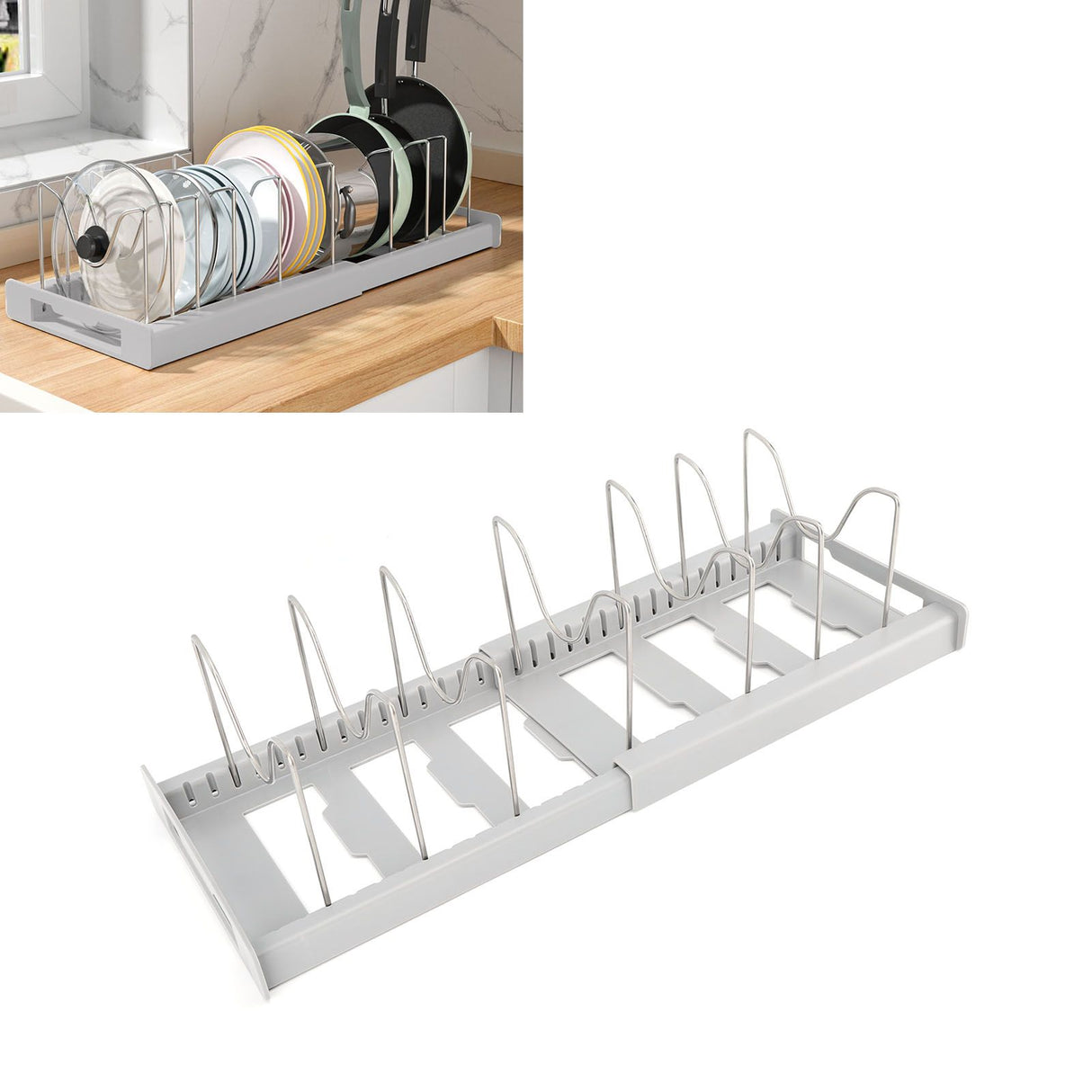 Expandable Pot Organizer Anti Slip Size Adjustable Multi Use Pot Lid Holder for Kitchen Canteen Grey