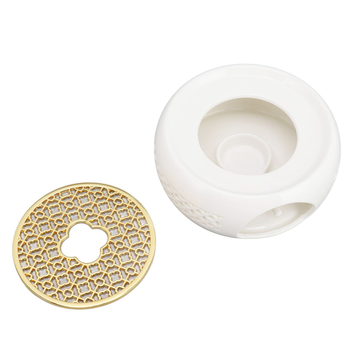 Porcelain Teapot Heater Hollow Frame Round Teapot Warmer Base with Alloy Cushion and Candle Holder