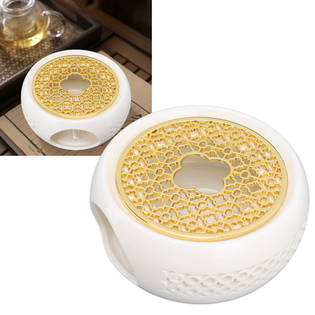 Porcelain Teapot Heater Hollow Frame Round Teapot Warmer Base with Alloy Cushion and Candle Holder