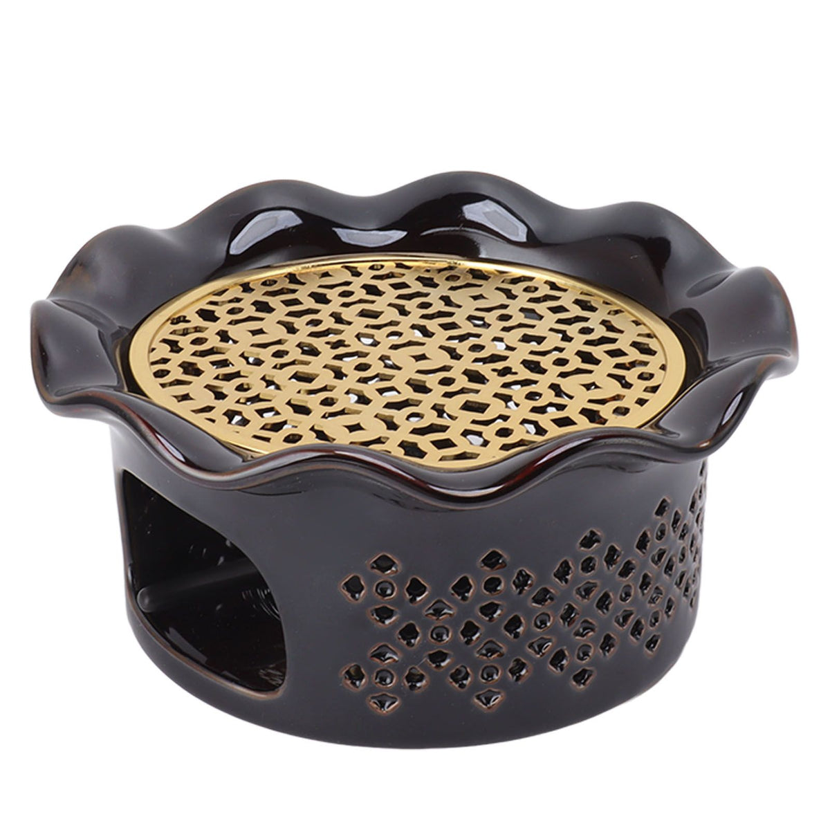 Teapot Warmer Ceramic Alloy Tea Warmer with Tea Light Holder Teapot Mat Hollow Out Flounce Design Black Copper Brown