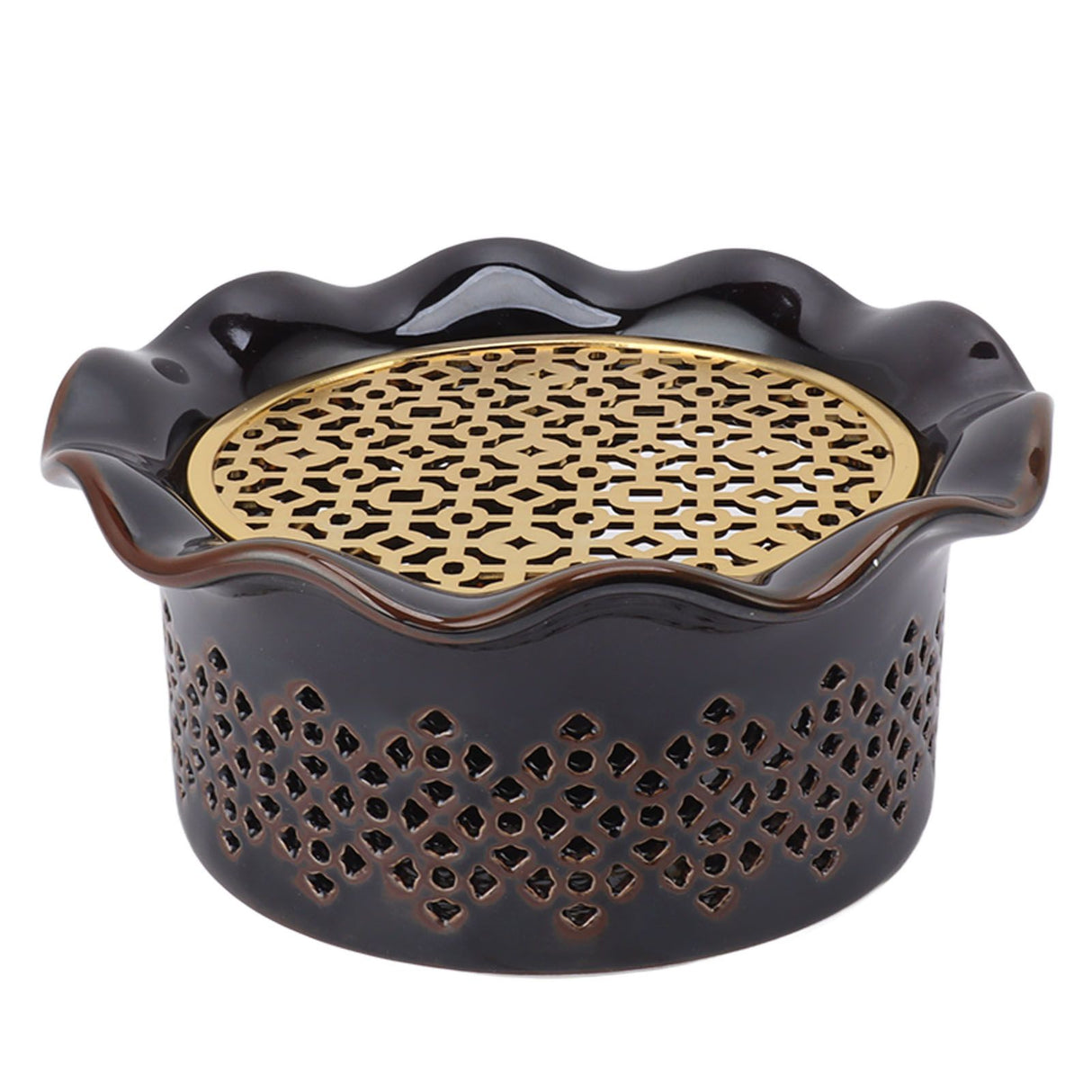 Teapot Warmer Ceramic Alloy Tea Warmer with Tea Light Holder Teapot Mat Hollow Out Flounce Design Black Copper Brown