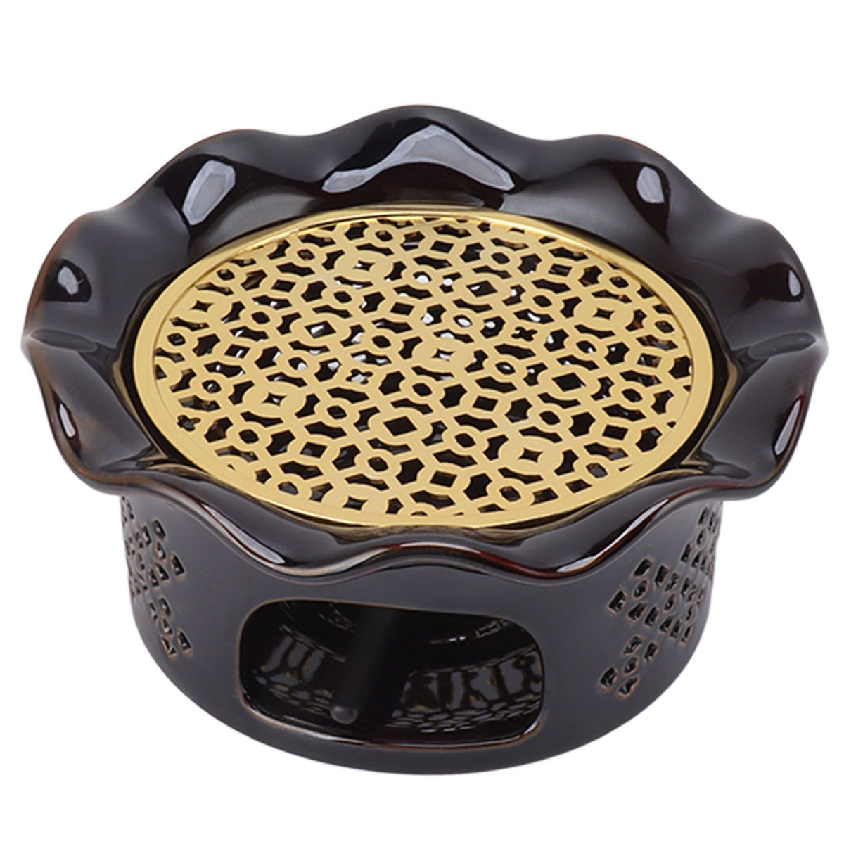 Teapot Warmer Ceramic Alloy Tea Warmer with Tea Light Holder Teapot Mat Hollow Out Flounce Design Black Copper Brown