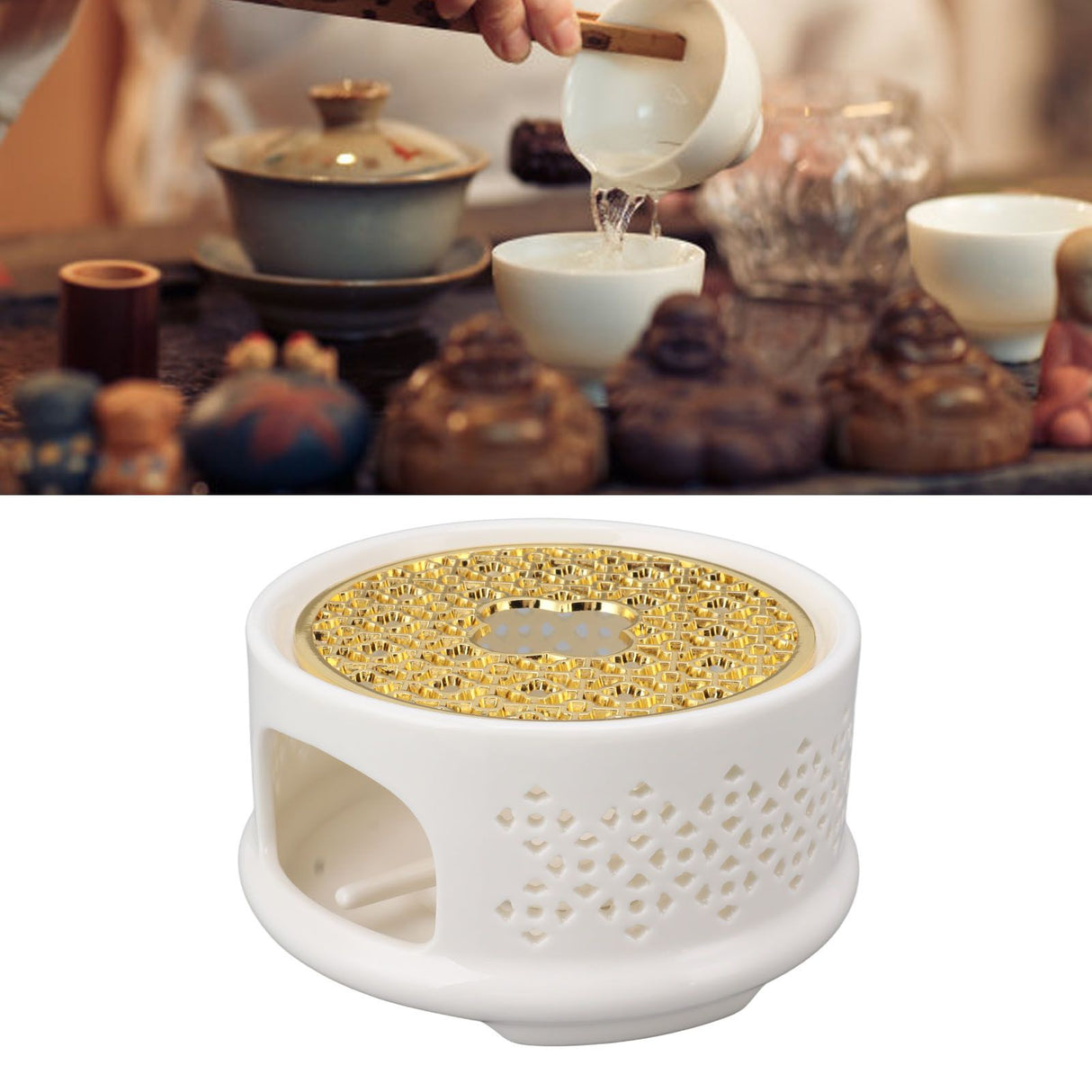 Teapot Warmer Tea Coffee Warmer Base Ceramic Heater with Spoon Lid and Candle Holder White