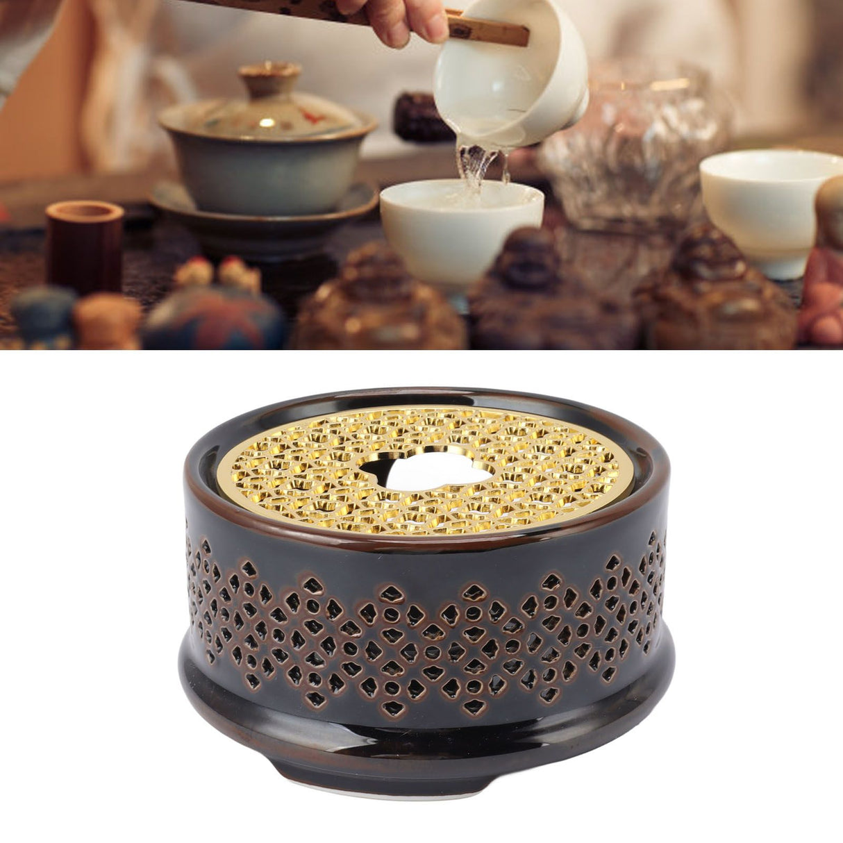 Teapot Warmer Tea Coffee Warmer Base Ceramic Heater with Spoon Lid and Candle Holder Brown