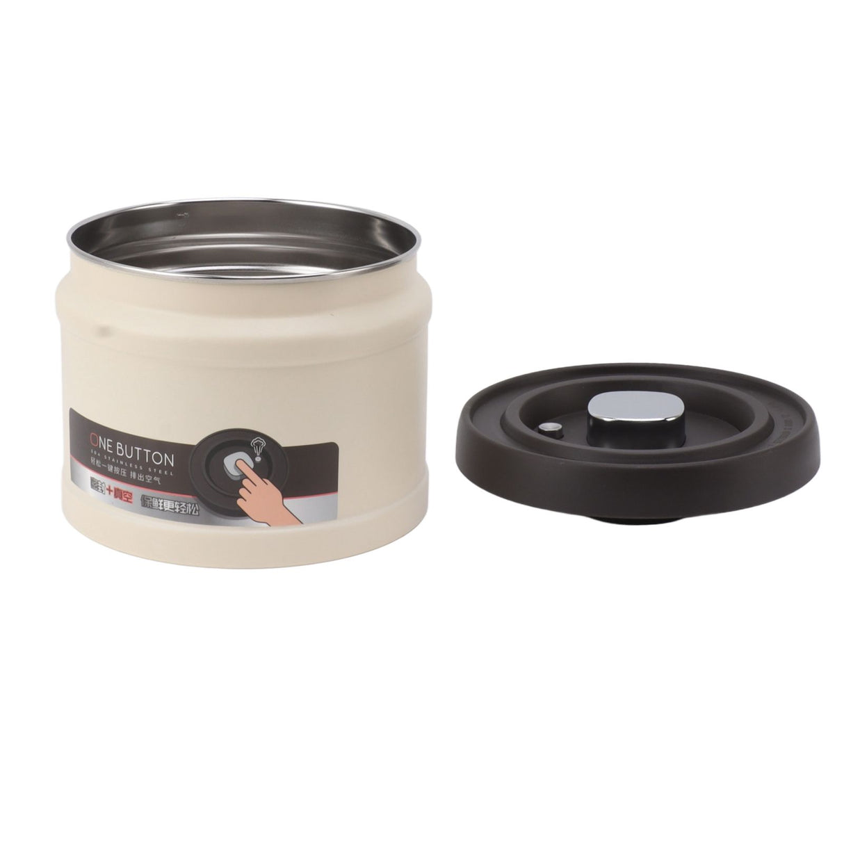 Vacuum Sealed Coffee Container 304 Stainless Steel Press Type Airtight Food Storage Container for Coffee Beans Tea Nuts 1600ML Beige