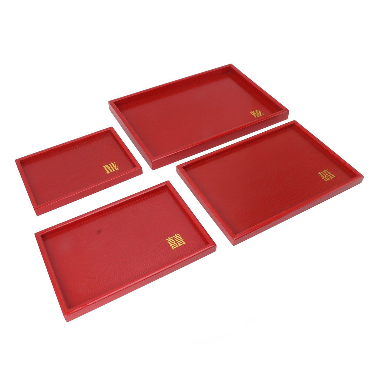 4Pcs Serving Tray Chinese Style Red Wedding Tea Coffee Snack Plate Wooden Fruit Candy Salver Square
